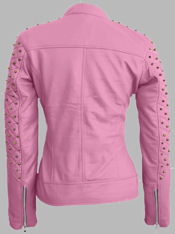 Mary Pink Spike Skeleton Studs Genuine Leather Jacket