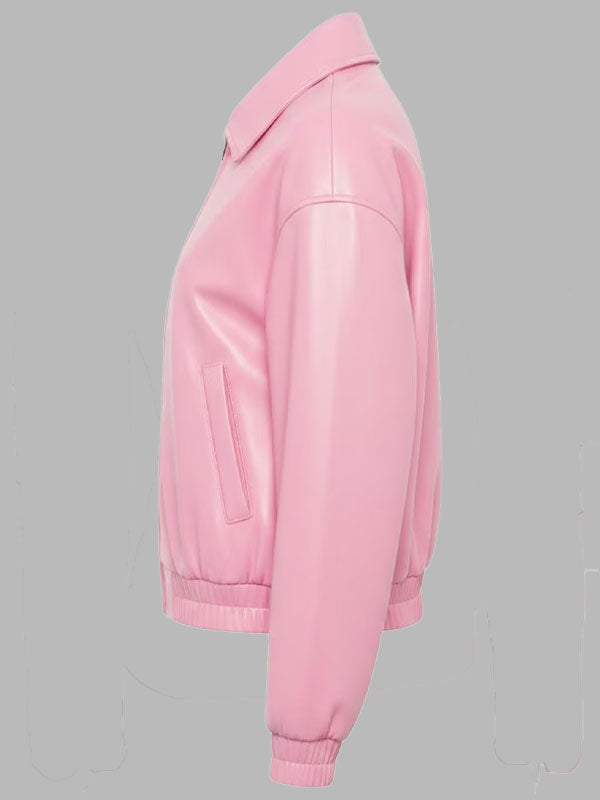 Manzano Pink Real Leather Zip Bomber Jacket