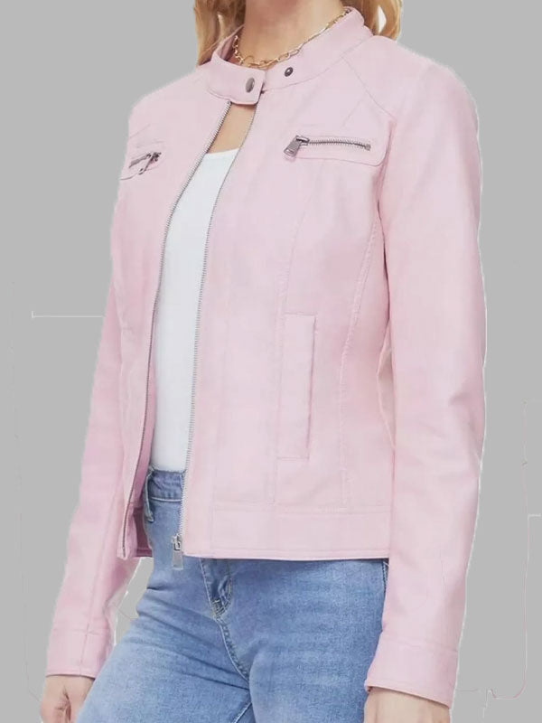 Isabella Pink Leather Biker Jacket