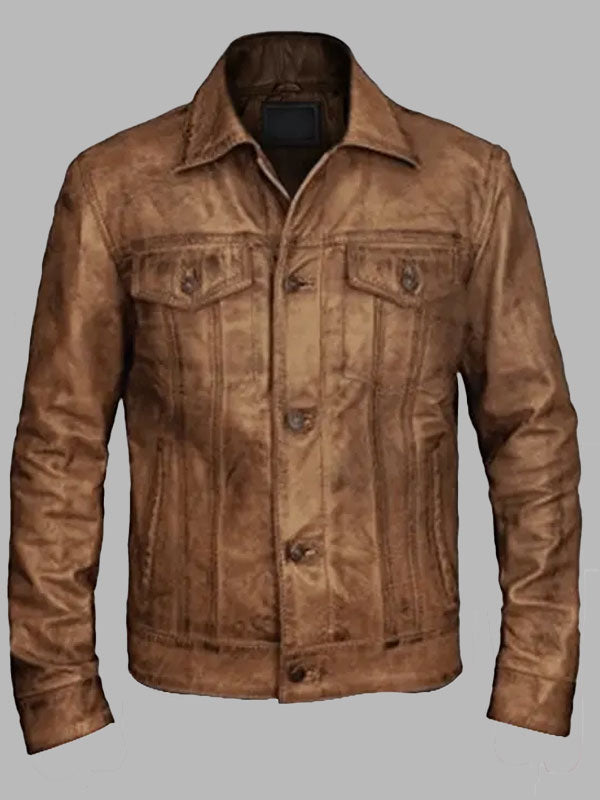 Mens Vintage Distressed Leather Trucker Jacket