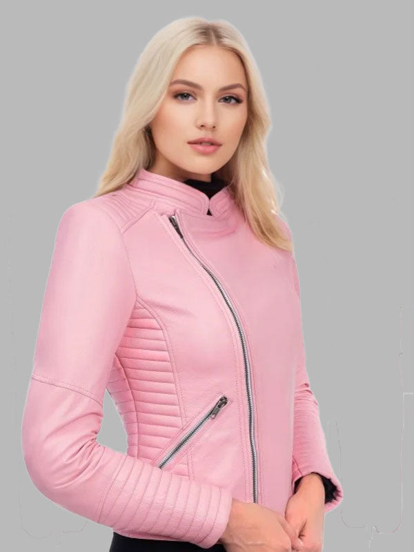 Alicia Pink Motorcycle Leather Zip Jacket