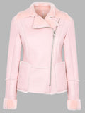 Classic Vintage Moto Lapel Style Collar Pink Leather Fur Jacket