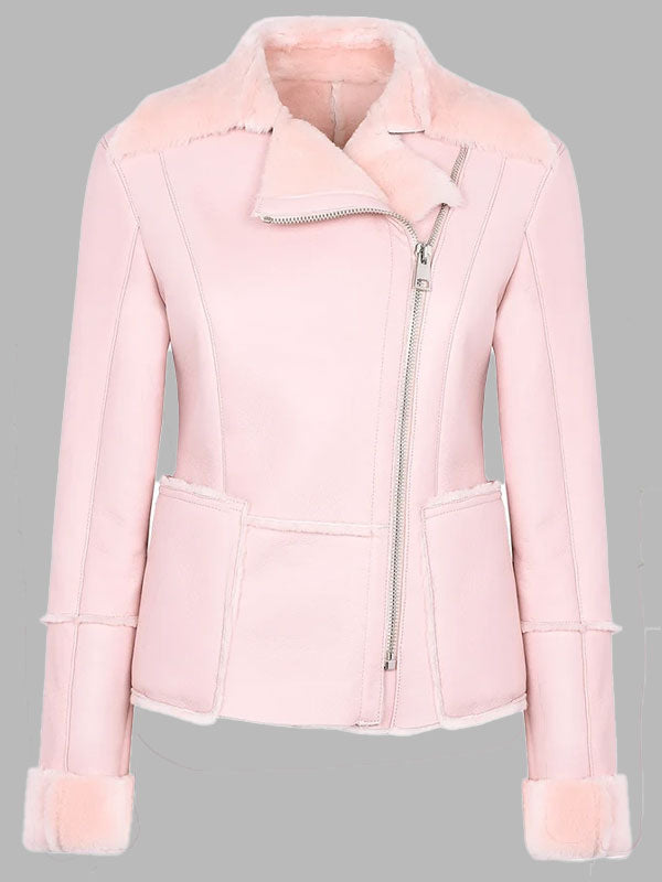 Classic Vintage Moto Lapel Style Collar Pink Leather Fur Jacket