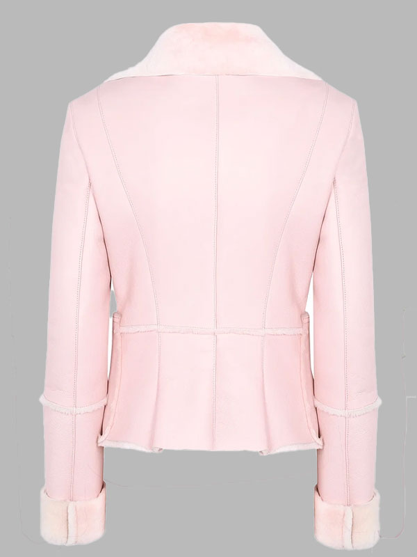 Classic Vintage Moto Lapel Style Collar Pink Leather Fur Jacket
