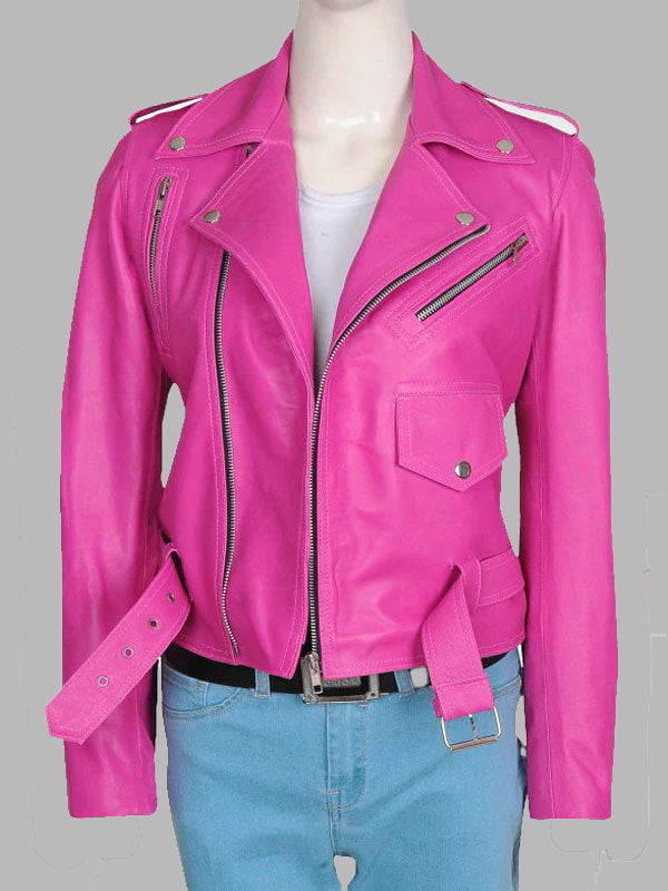 Robin Belt Style Pink Leather Jacket