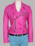 Robin Belt Style Pink Leather Jacket