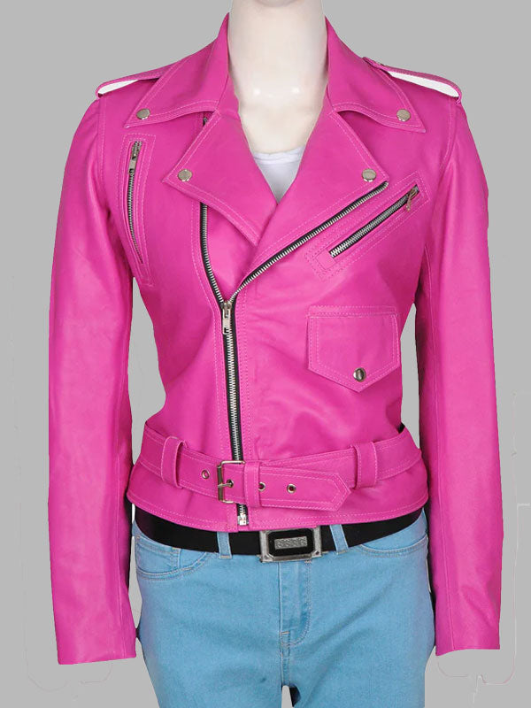 Robin Belt Style Pink Leather Jacket