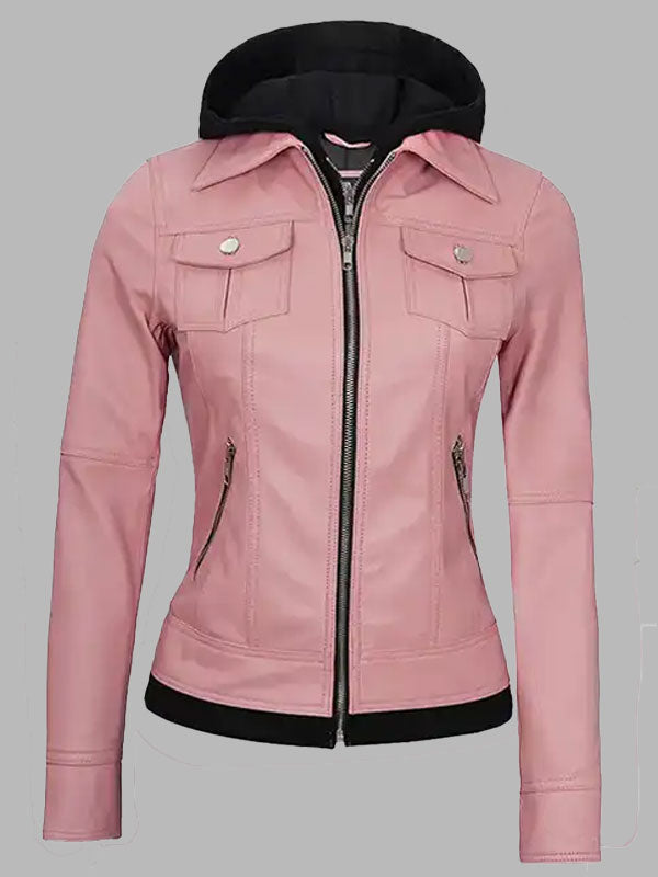 Janet Pink Leather Jacket With Hood