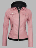 Janet Pink Leather Jacket With Hood