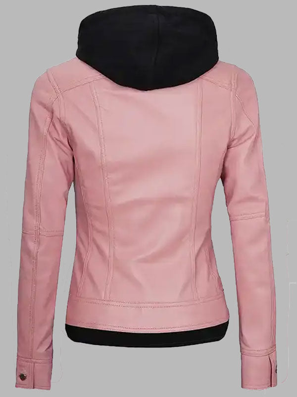 Janet Pink Leather Jacket With Hood