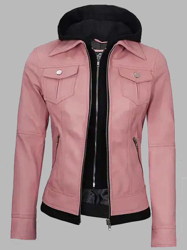 Janet Pink Leather Jacket With Hood