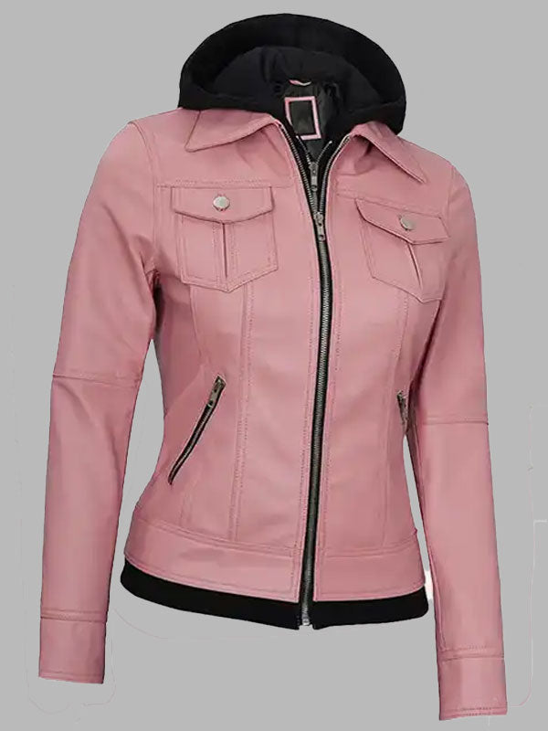 Janet Pink Leather Jacket With Hood