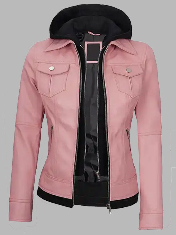 Janet Pink Leather Jacket With Hood