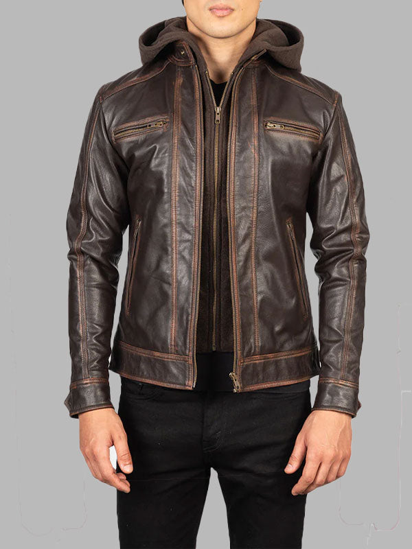Samuel Vintage Brown Hooded Leather Biker Jacket