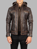 Samuel Vintage Brown Hooded Leather Biker Jacket