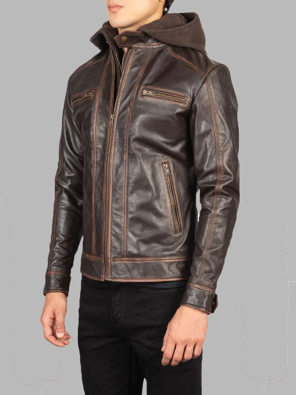 Samuel Vintage Brown Hooded Leather Biker Jacket
