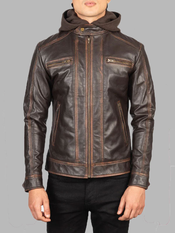 Samuel Vintage Brown Hooded Leather Biker Jacket