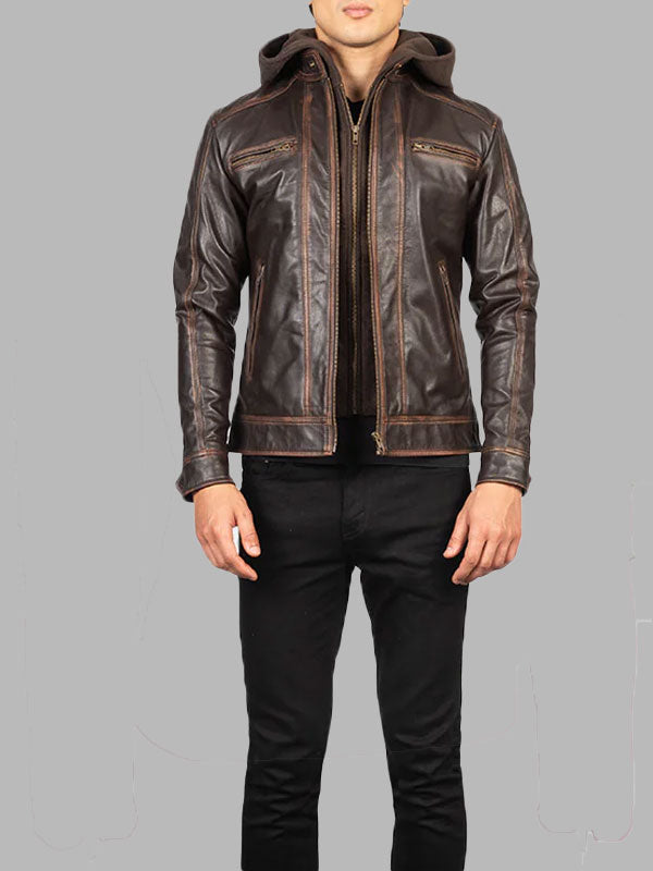 Samuel Vintage Brown Hooded Leather Biker Jacket