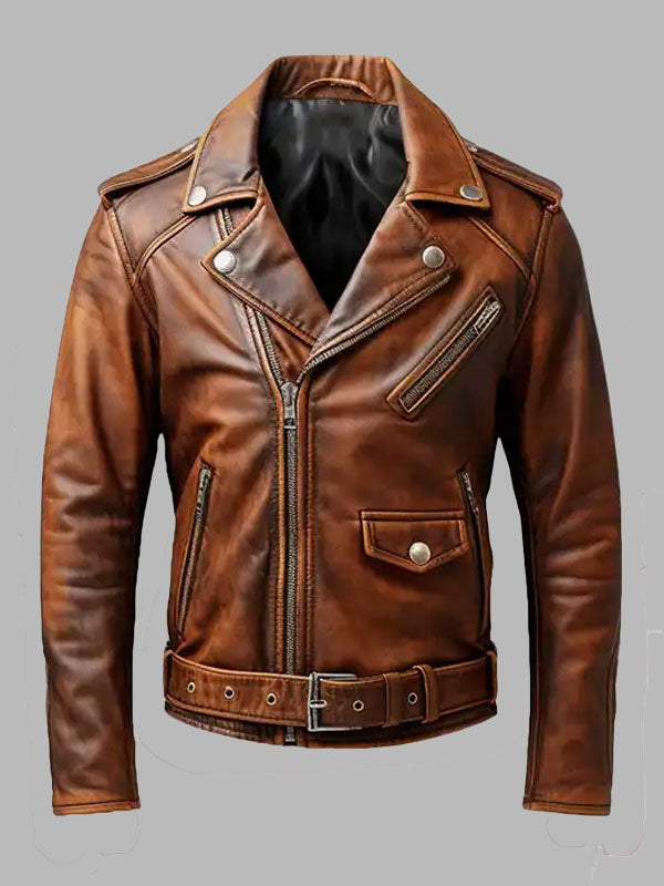 Men's Vintage Belt Style Biker Brown Leather Jacket