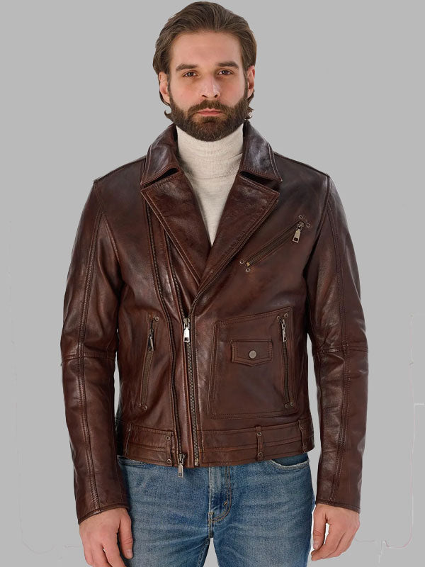 Washington Men Vintage Brown Genuine Leather Biker Jacket
