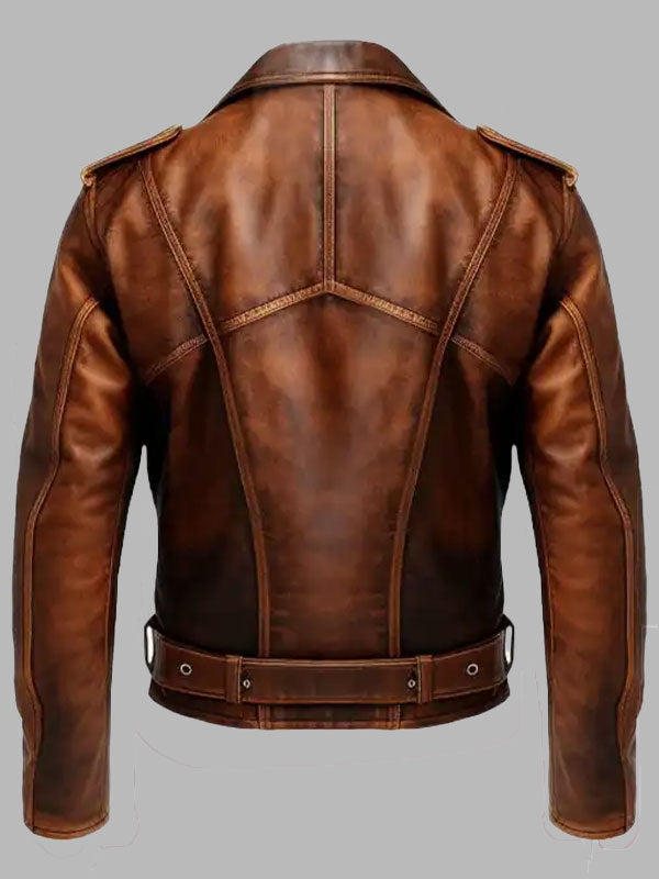 Men's Vintage Belt Style Biker Brown Leather Jacket