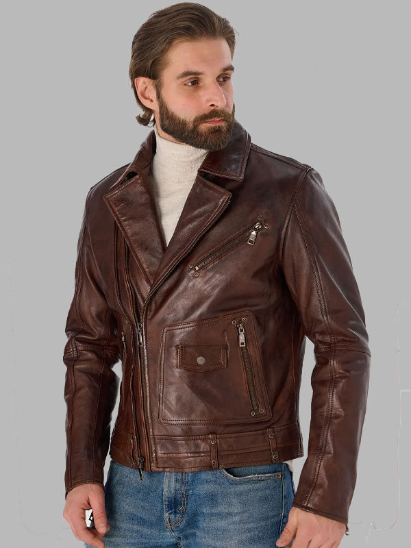 Washington Men Vintage Brown Genuine Leather Biker Jacket
