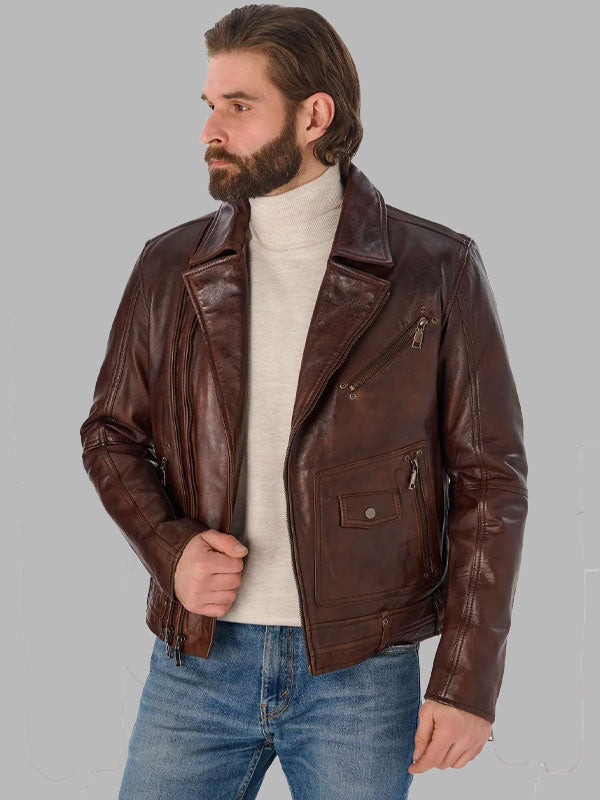 Washington Men Vintage Brown Genuine Leather Biker Jacket
