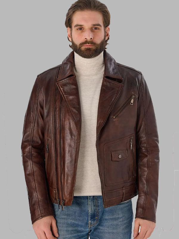 Washington Men Vintage Brown Genuine Leather Biker Jacket
