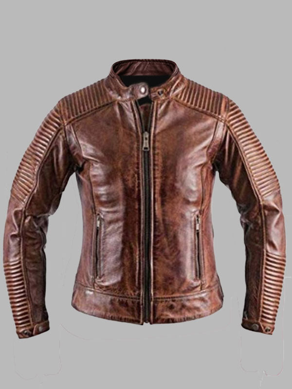 Christopher Men Vintage Style Distressed Brown Leather Zipper Jacket