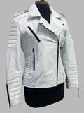 Kathleen White Biker Quilted Motorcycle Leather Jacket
