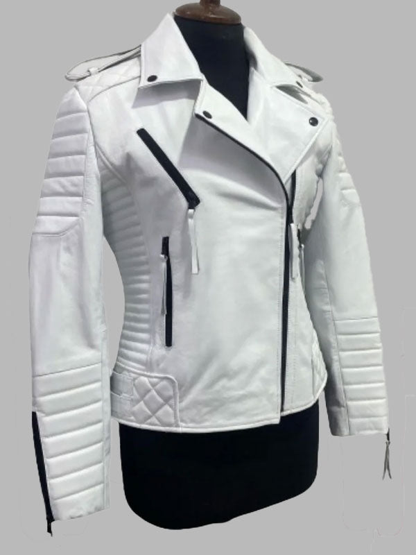 Kathleen White Biker Quilted Motorcycle Leather Jacket