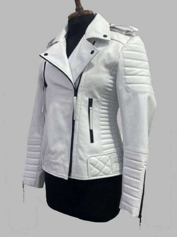 Kathleen White Biker Quilted Motorcycle Leather Jacket