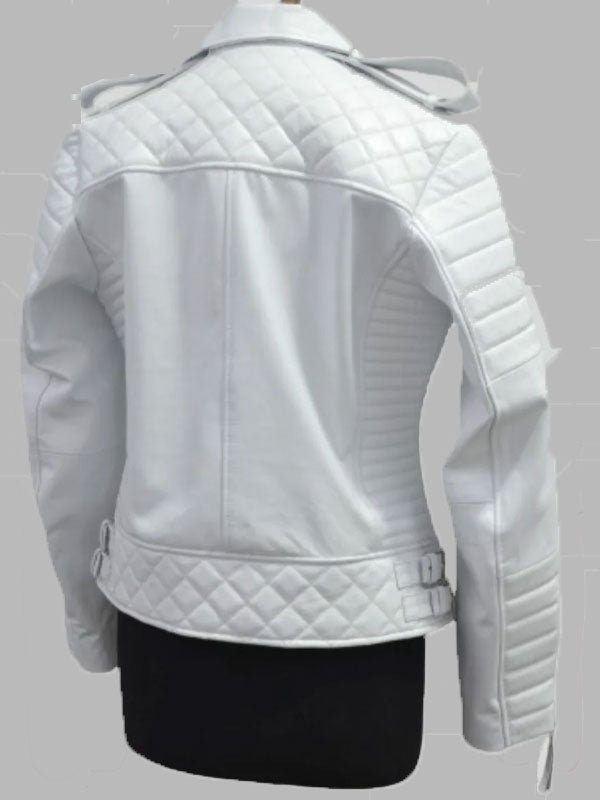 Kathleen White Biker Quilted Motorcycle Leather Jacket