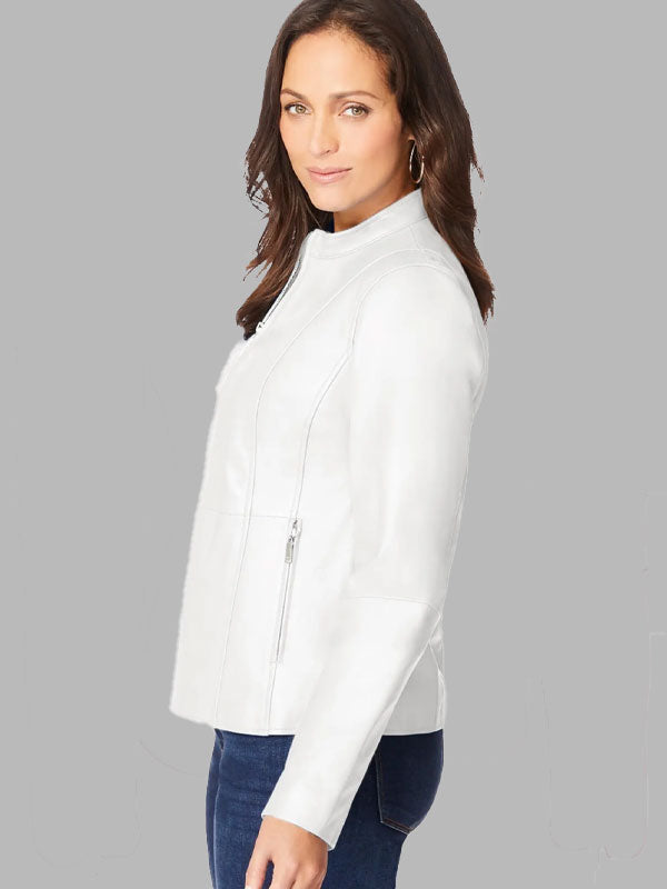 Carol White Zip Front Leather Jacket