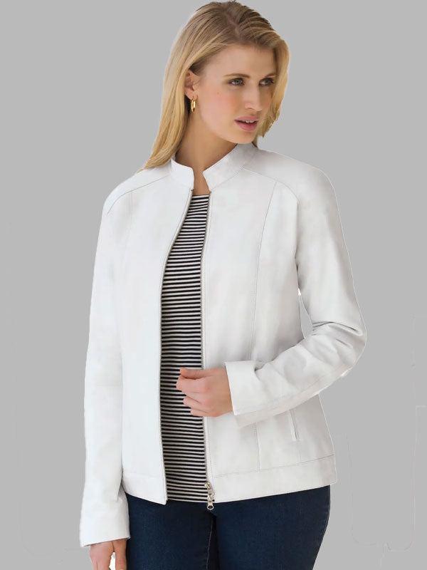 Carol White Zip Front Leather Jacket