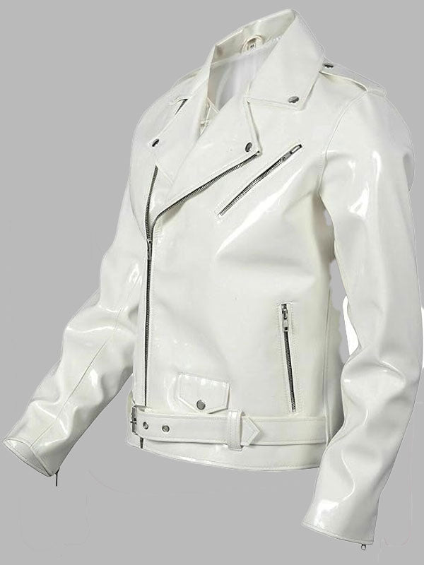 Women White Shiny Stylish Cafe Racer Biker Leather Jacket