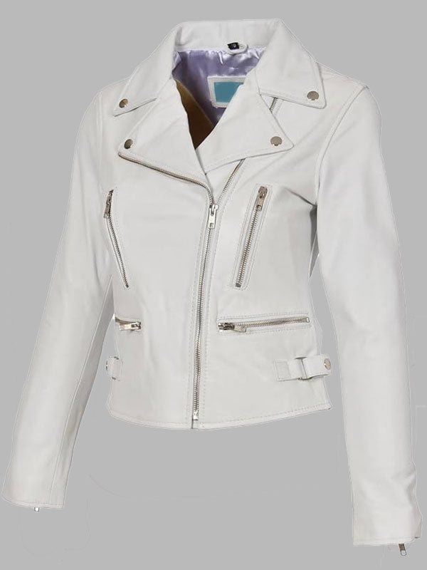 Joyce White Motorcycle Biker Leather Zip Jacket