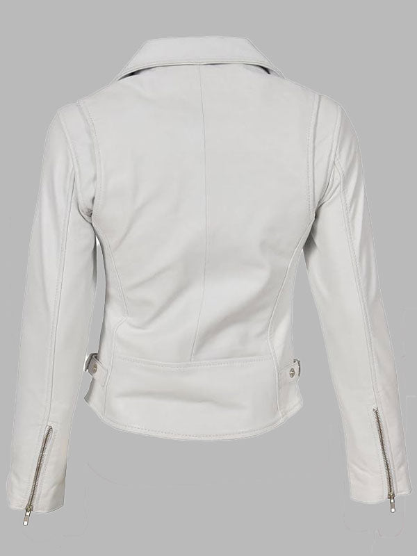 Joyce White Motorcycle Biker Leather Zip Jacket