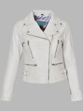 Joyce White Motorcycle Biker Leather Zip Jacket