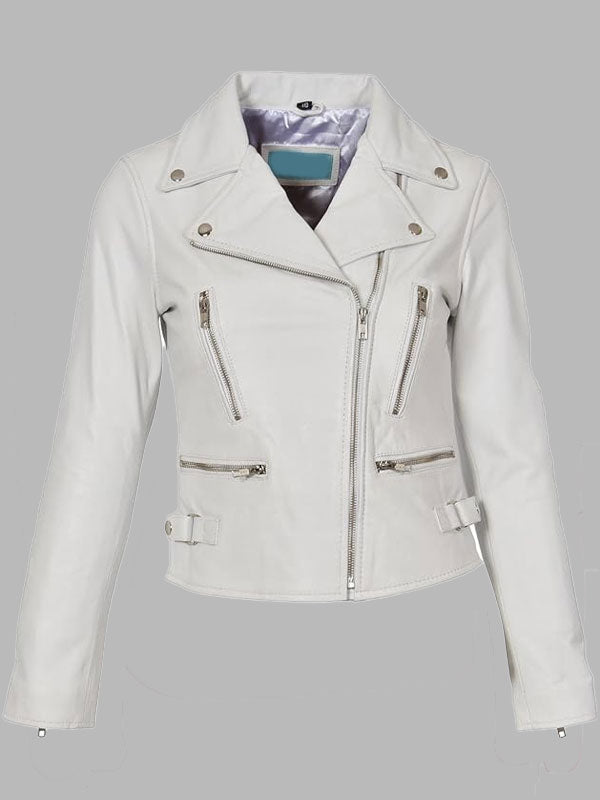 Joyce White Motorcycle Biker Leather Zip Jacket