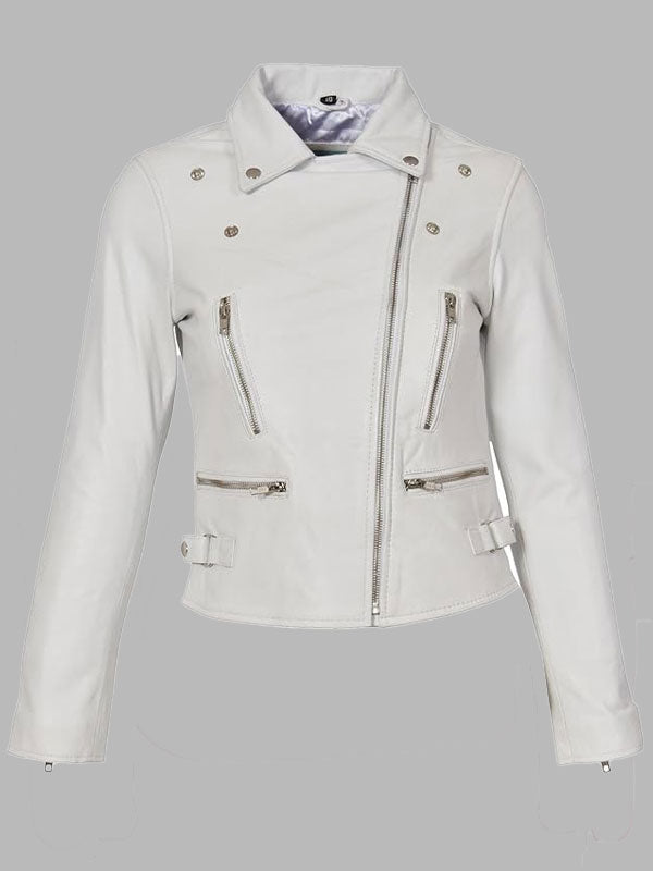 Joyce White Motorcycle Biker Leather Zip Jacket