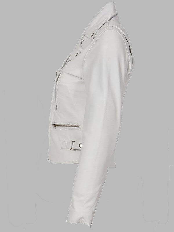 Joyce White Motorcycle Biker Leather Zip Jacket