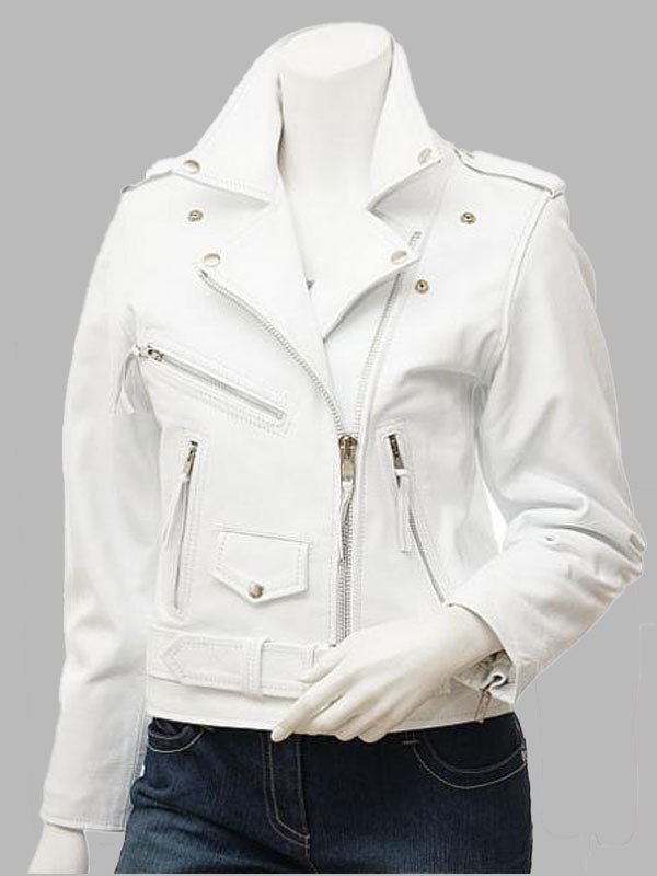 WOMEN'S WHITE LEATHER BIKER JACKET