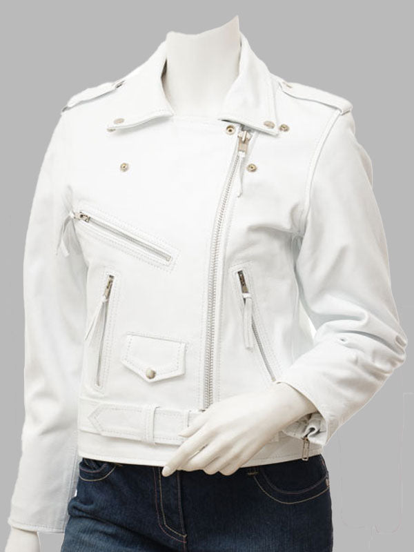 WOMEN'S WHITE LEATHER BIKER JACKET