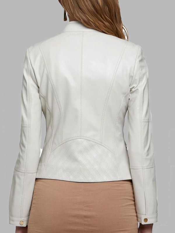 Sara White Leather Cafe Racer Jacket