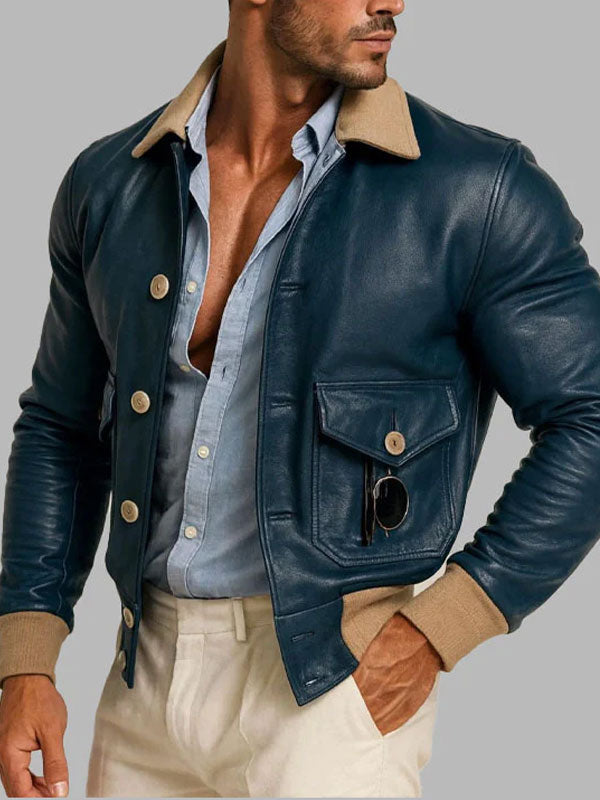 Men’s Blue Leather Aviator Jacket