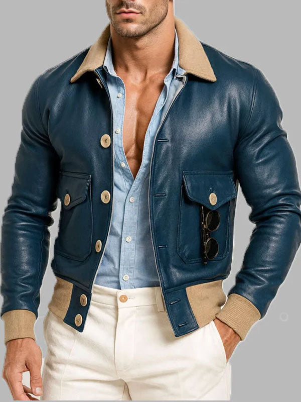 Men’s Blue Leather Aviator Jacket