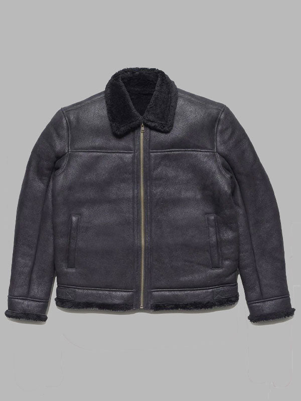 Men Shearling Black Leather Bomber Jacket
