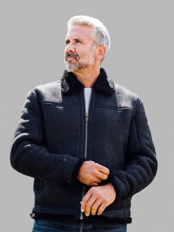 Men Shearling Black Leather Bomber Jacket