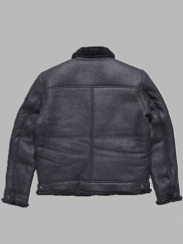 Men Shearling Black Leather Bomber Jacket
